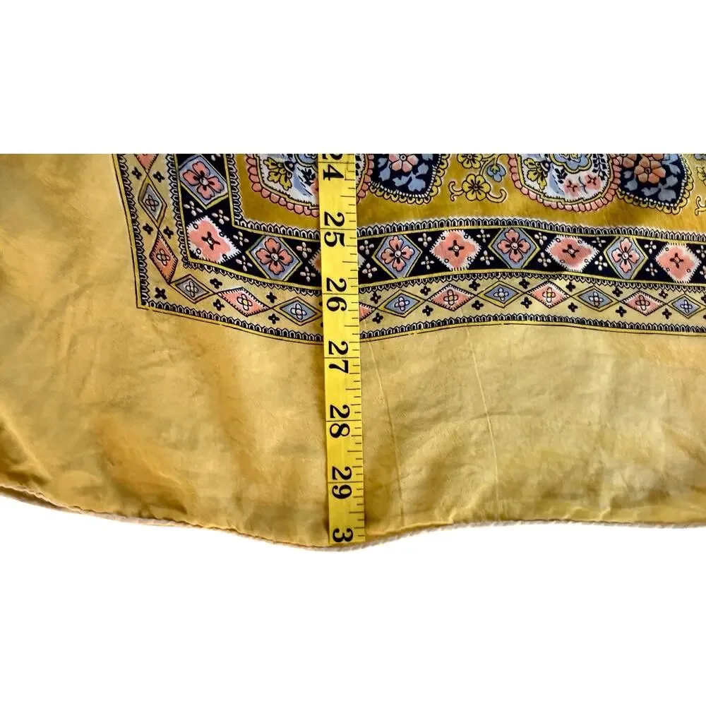 Vintage 1970s Silk Paisley Medallion Scarf Mustard Gold Floral Rolled 30
